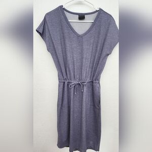 Grayish Blue Heathered V-Neck Drawstring Dress